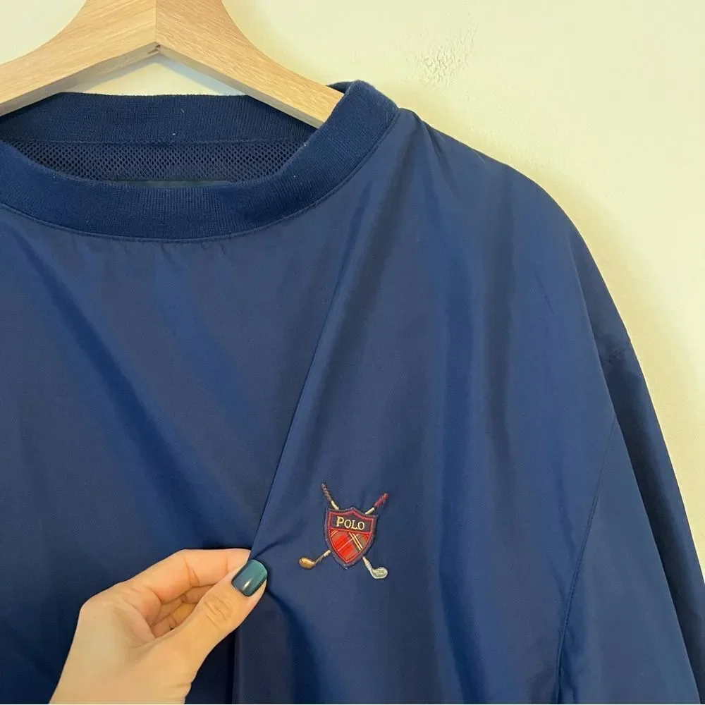 Vintage Polo Golf Ralph Lauren Navy Blue Pullover Windbreaker Size M Clubs Logo